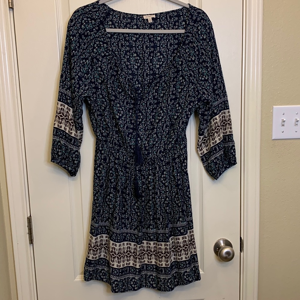 Cottagecore Navy Floral Sun Dress with Peasant Sleeves and Tassel accent Size M